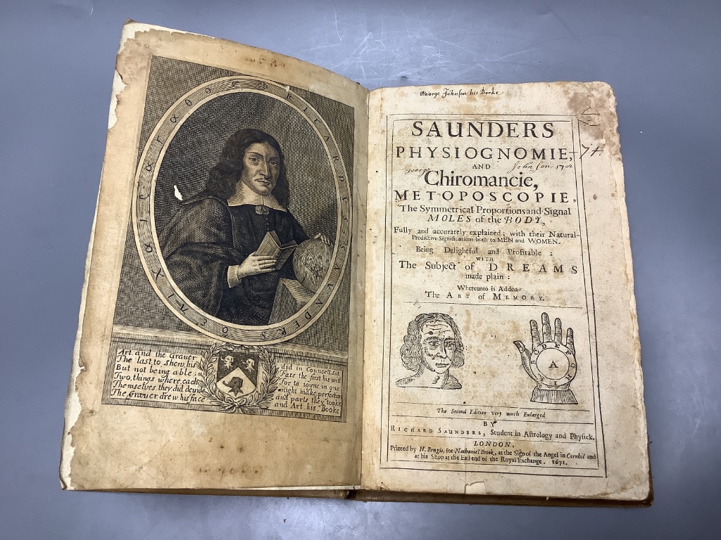 Saunders, Richard, Physiognome and chiromancie, metoposcopie, the symmetrical proportions of moles on the body, vintage by H.Brugis, for Nathaniel Brook, London 1671, later binding